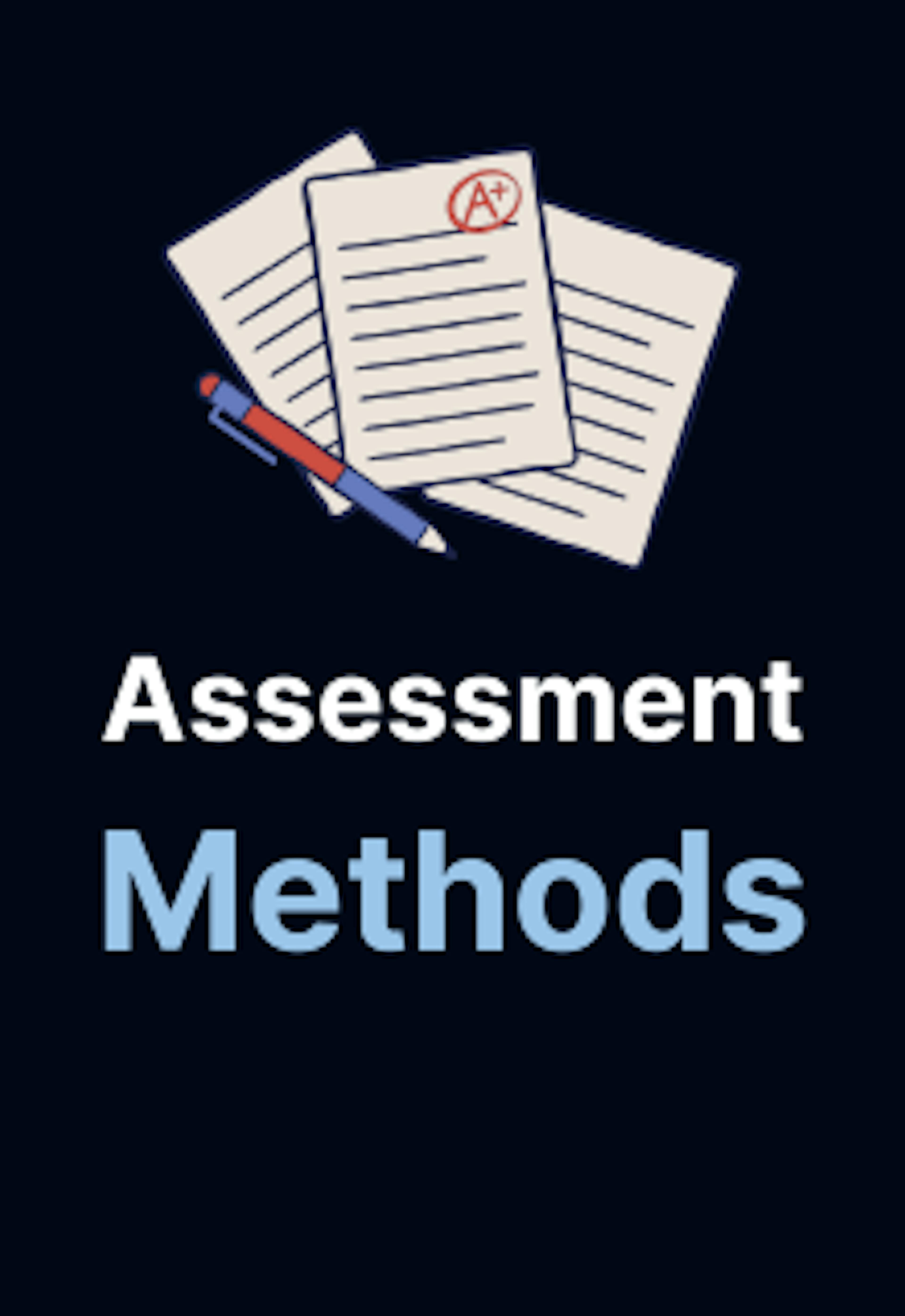 Three papers (one with a grade of A+) appear above the text "Assessment Methods."