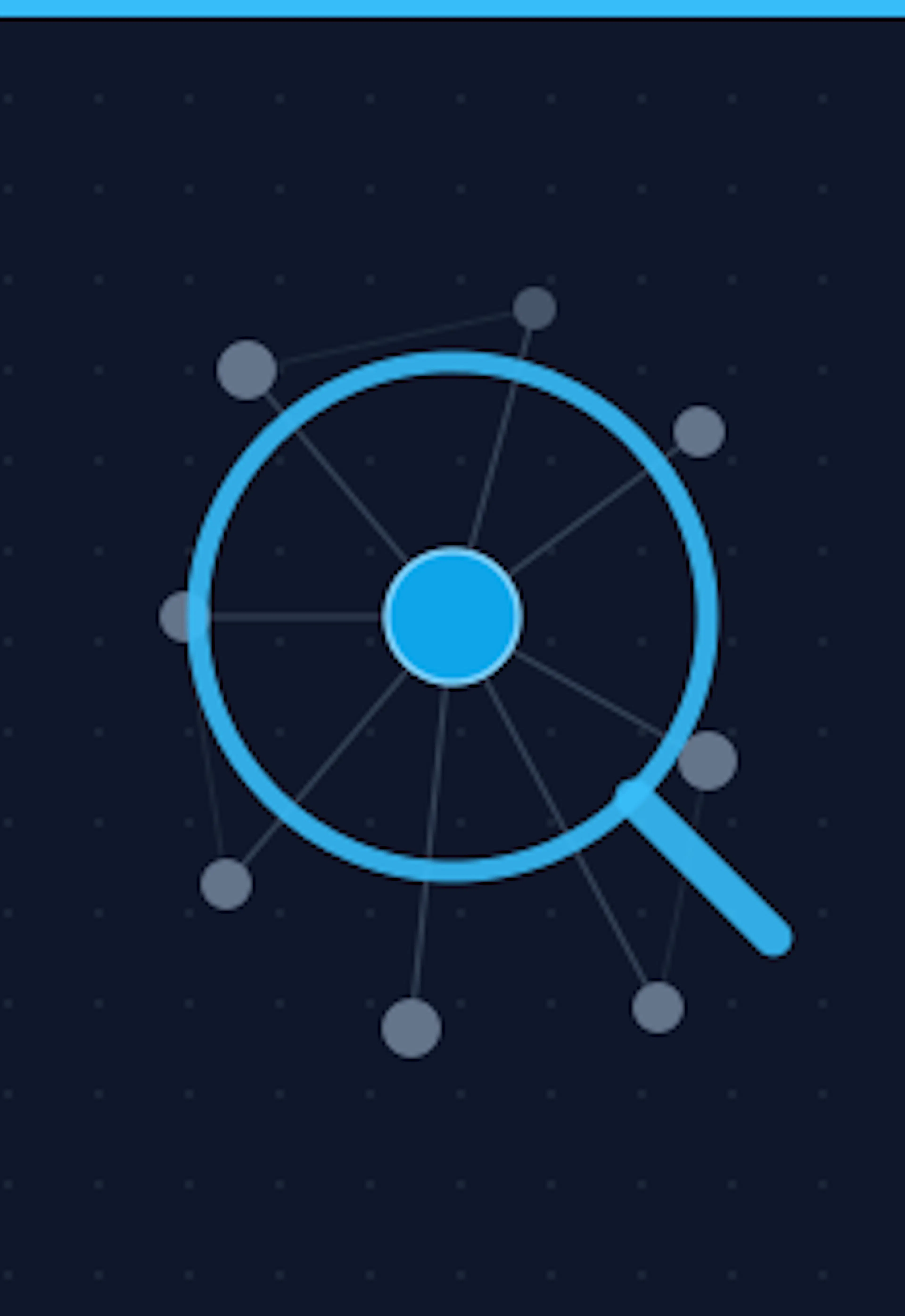 A magnifying glass over a large blue circle connected to smaller gray circles surrounding it.