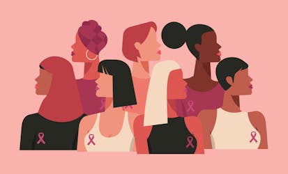 Diverse Frauen mit rosa Schleife. Verbundenheit mit Frauen, die an Brustkrebs erkrankt sind.