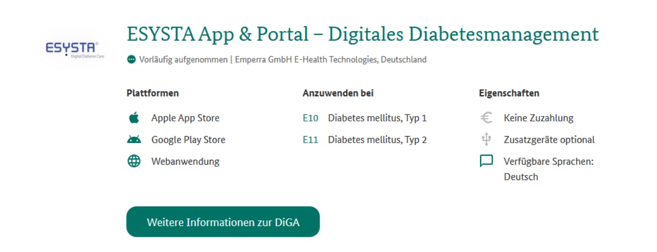 Einblick in die DiGA Apps Esysta für das digitale Diabetesmanagement