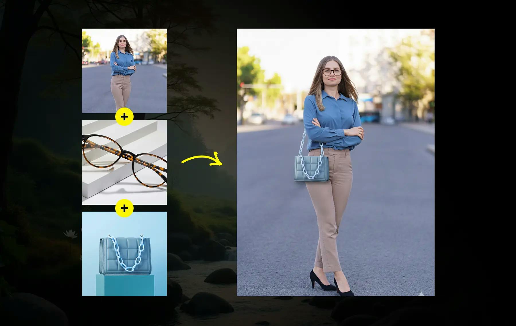 Woman on the street enhanced with AI to wear glasses and carry a stylish handbag through image fusion