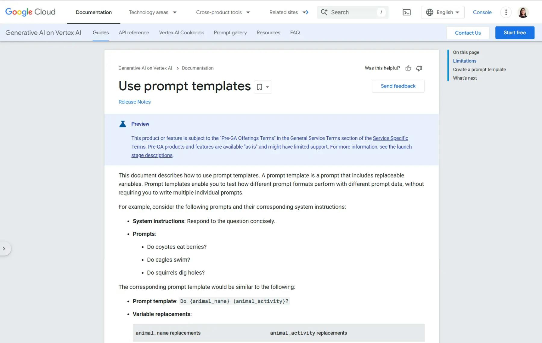 google cloud documentation page showing how to use prompt templates with examples and instructions