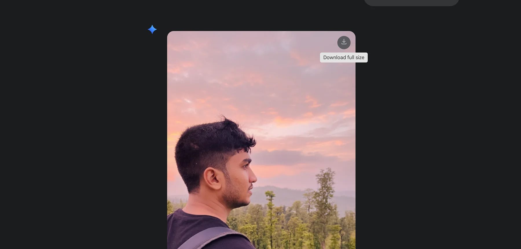 A man with a backpack looking at a colorful sunset over a forested landscape