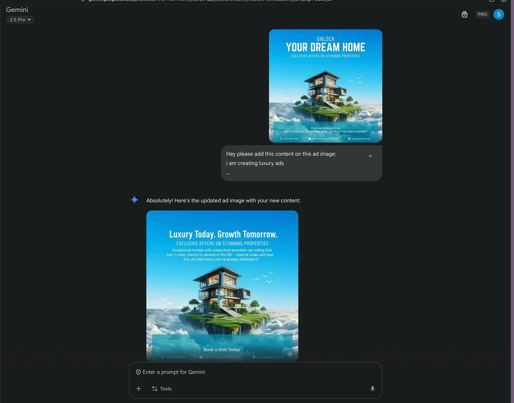A luxury real estate advertisement featuring a modern house on a private island, with text promoting exclusive offers.