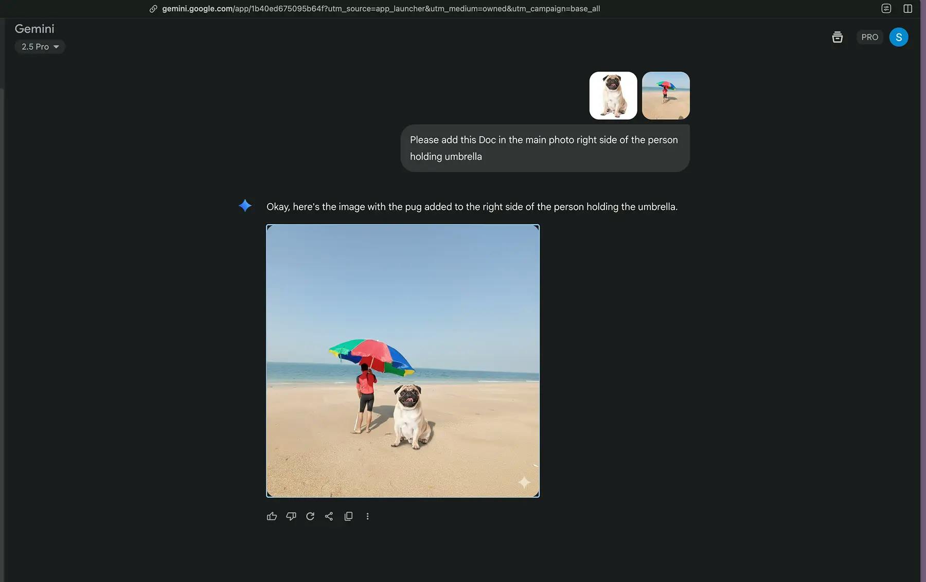 A pug sits on a sandy beach next to a person holding a colorful umbrella.