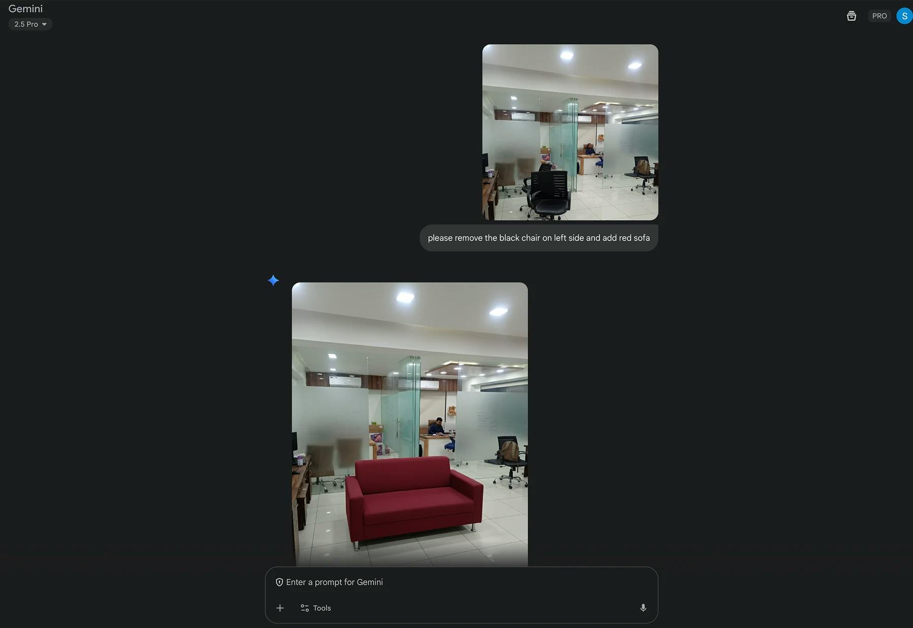 An office interior with a new red sofa replacing a chair on the left side, and other office chairs and desks visible.