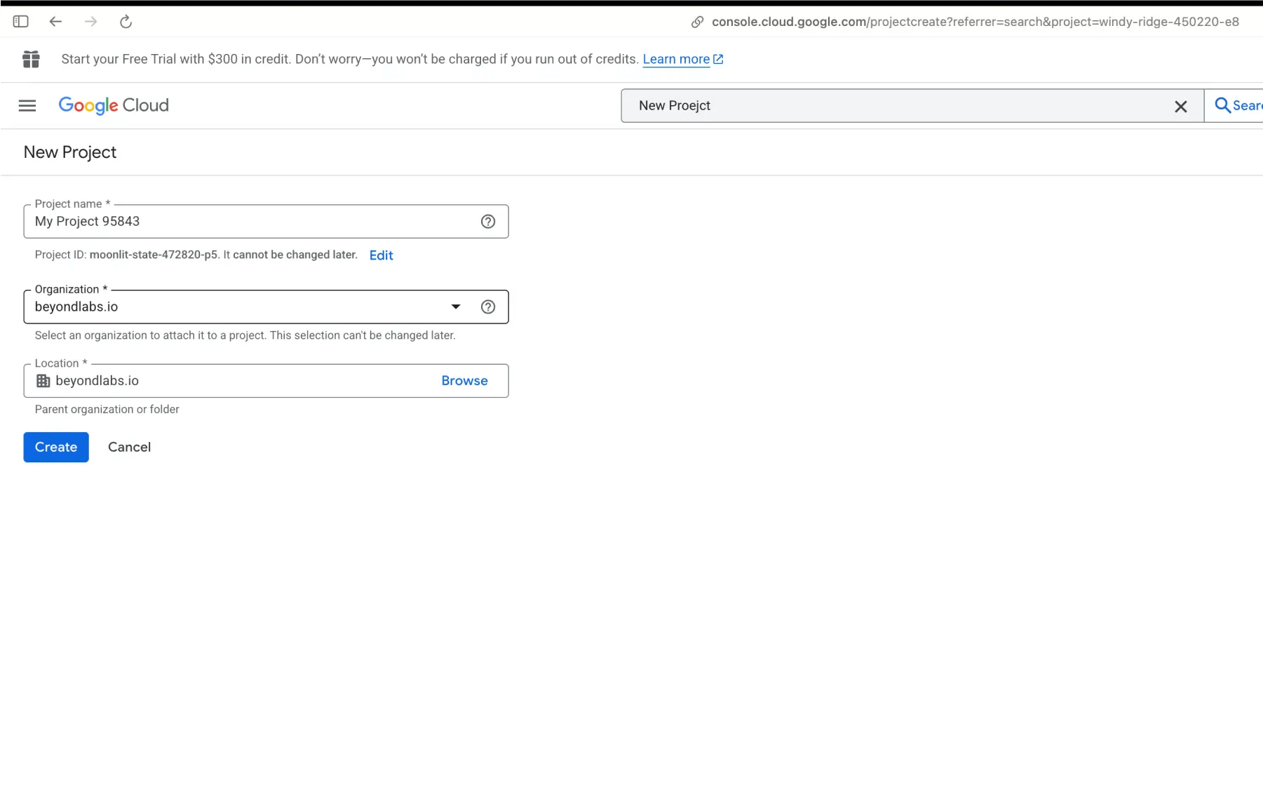 Google Cloud Console showing new project creation form with project name organization and location fields.