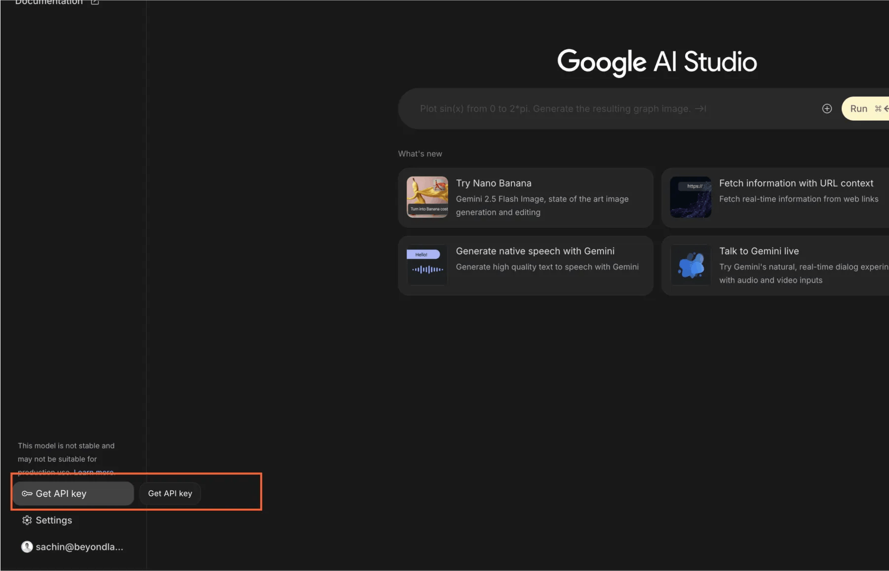 Interface showing Google AI Studio with options to get Nano Banana API key for testing and experimentation