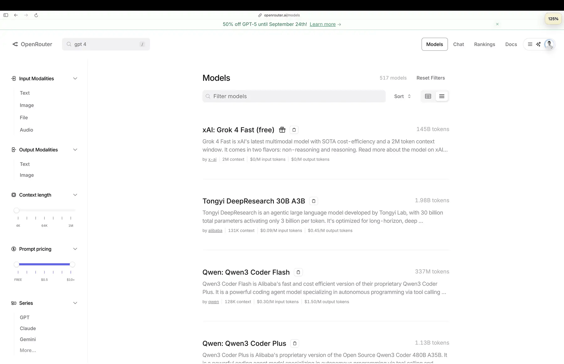 OpenRouter interface showing a list of AI models with filters for input type pricing and series