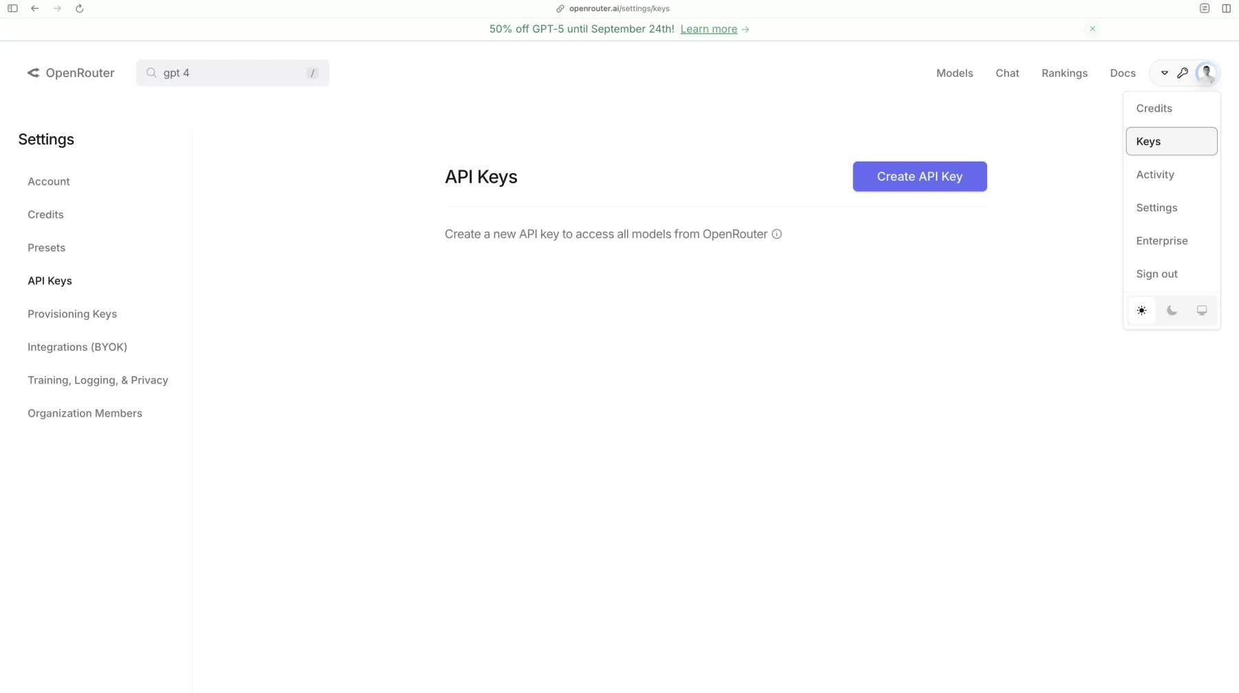 OpenRouter dashboard showing API keys section with option to create a new API key.