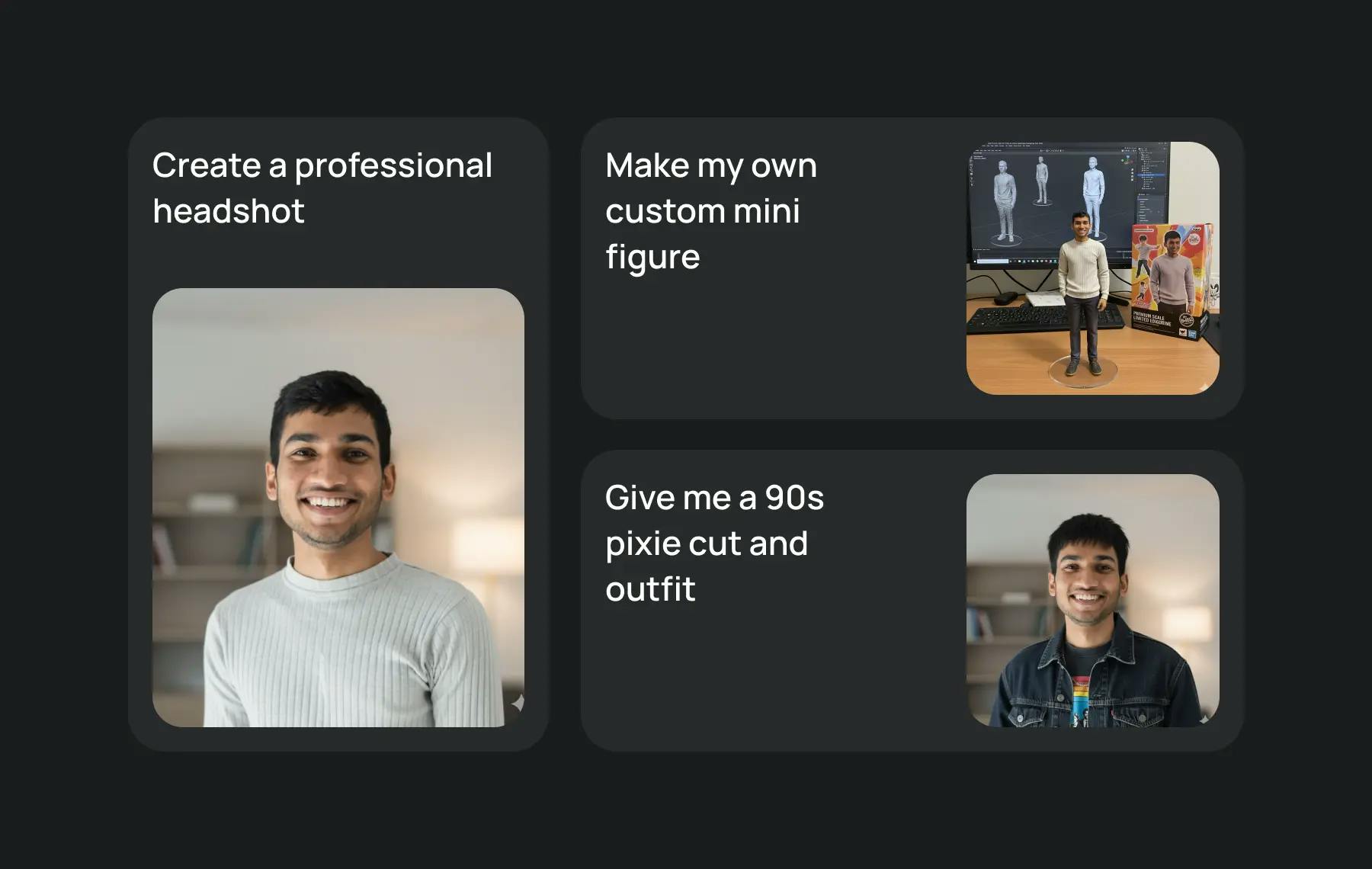 a person exploring ai generated options for headshots mini figures and 90s style transformation