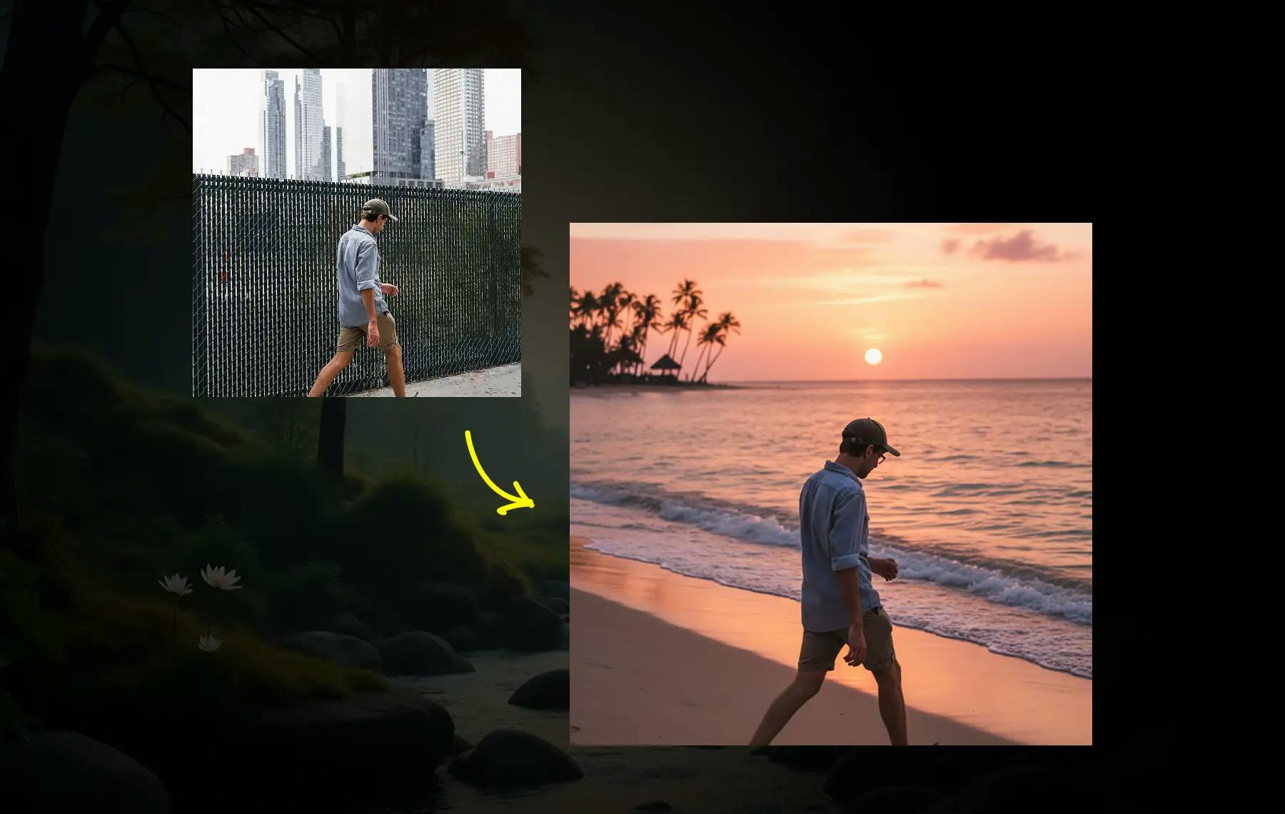 man walking in city transformed into sunset beach scene