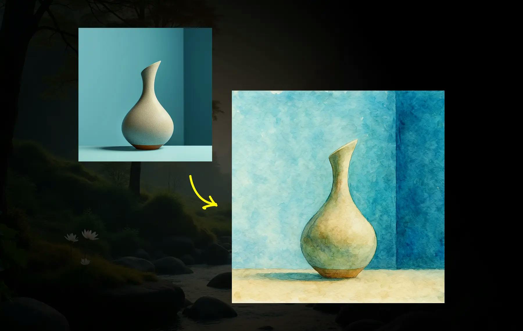 ceramic vase with a twisted neck against a blue wall