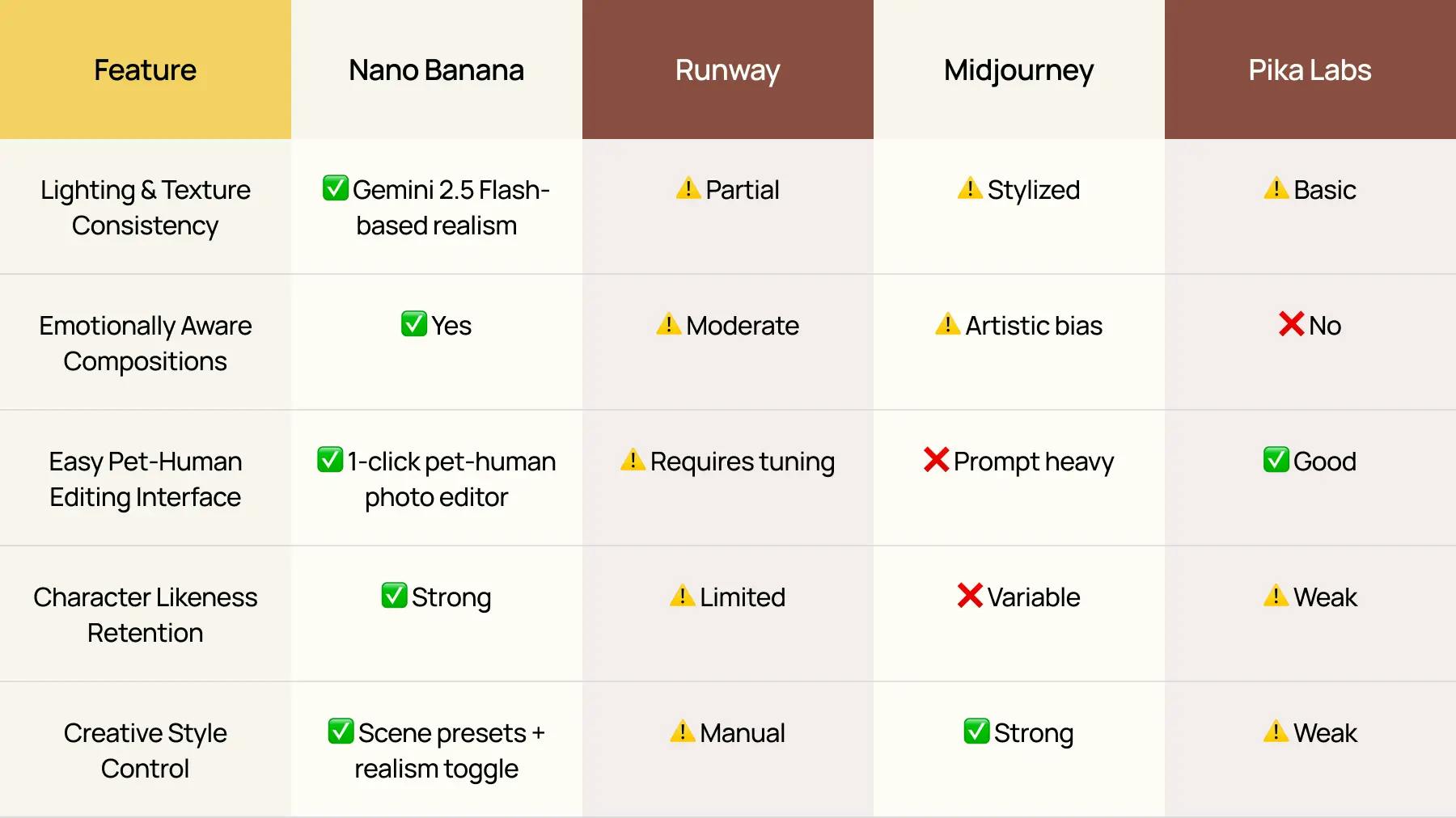 Nano Banana comparison table showing AI features like lighting, texture consistency, emotional composition, editing ease, and style control against Runway, Midjourney, and Pika Labs for pet-human image generation.