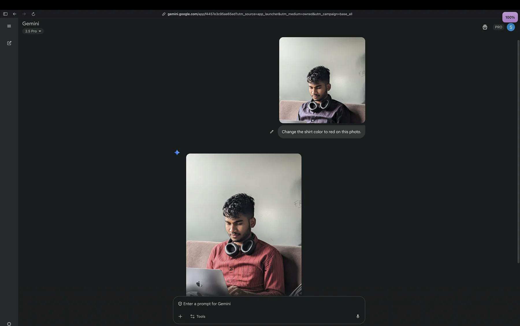 A screenshot demonstrating Nano Banana's in-painting capability within Gemini 2.5 Pro, successfully changing the color of a man's shirt from dark purple to red using a simple prompt.