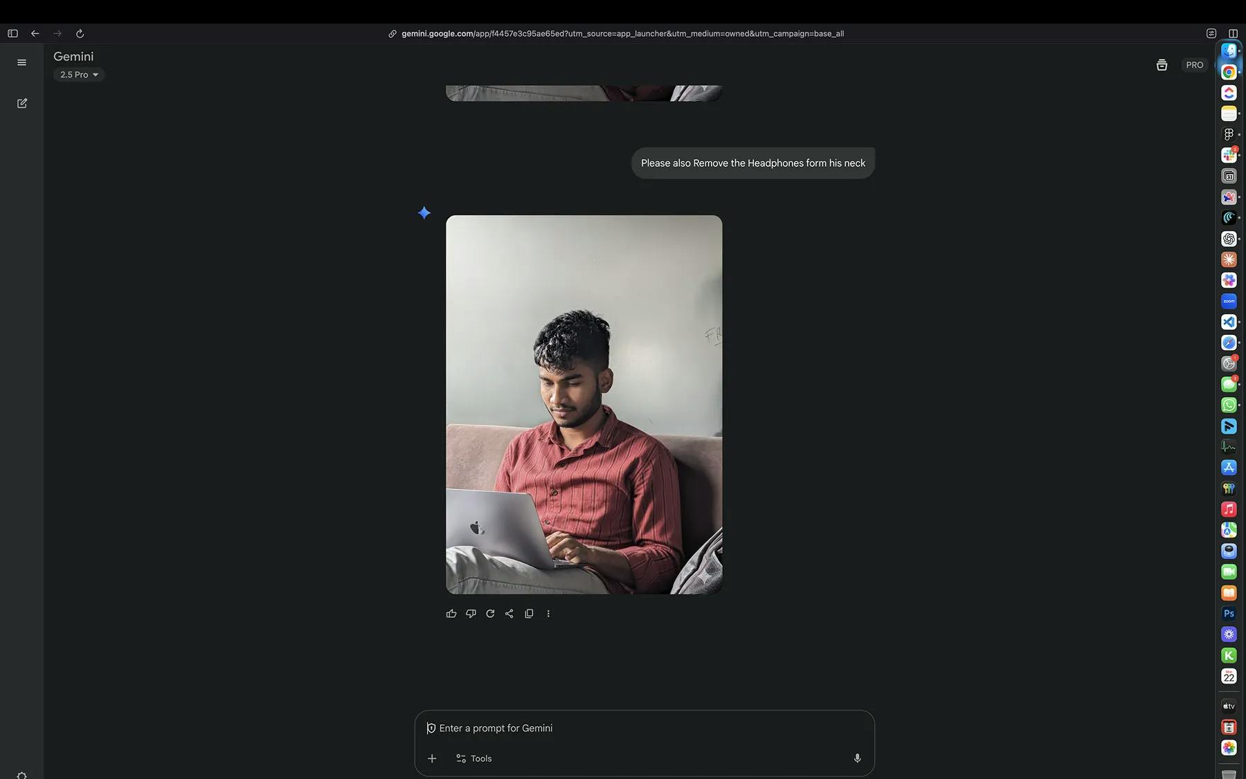 A screenshot of Nano Banana within Gemini 2.5 Pro demonstrating seamless object removal, as headphones are digitally erased from a man's neck after a prompt.