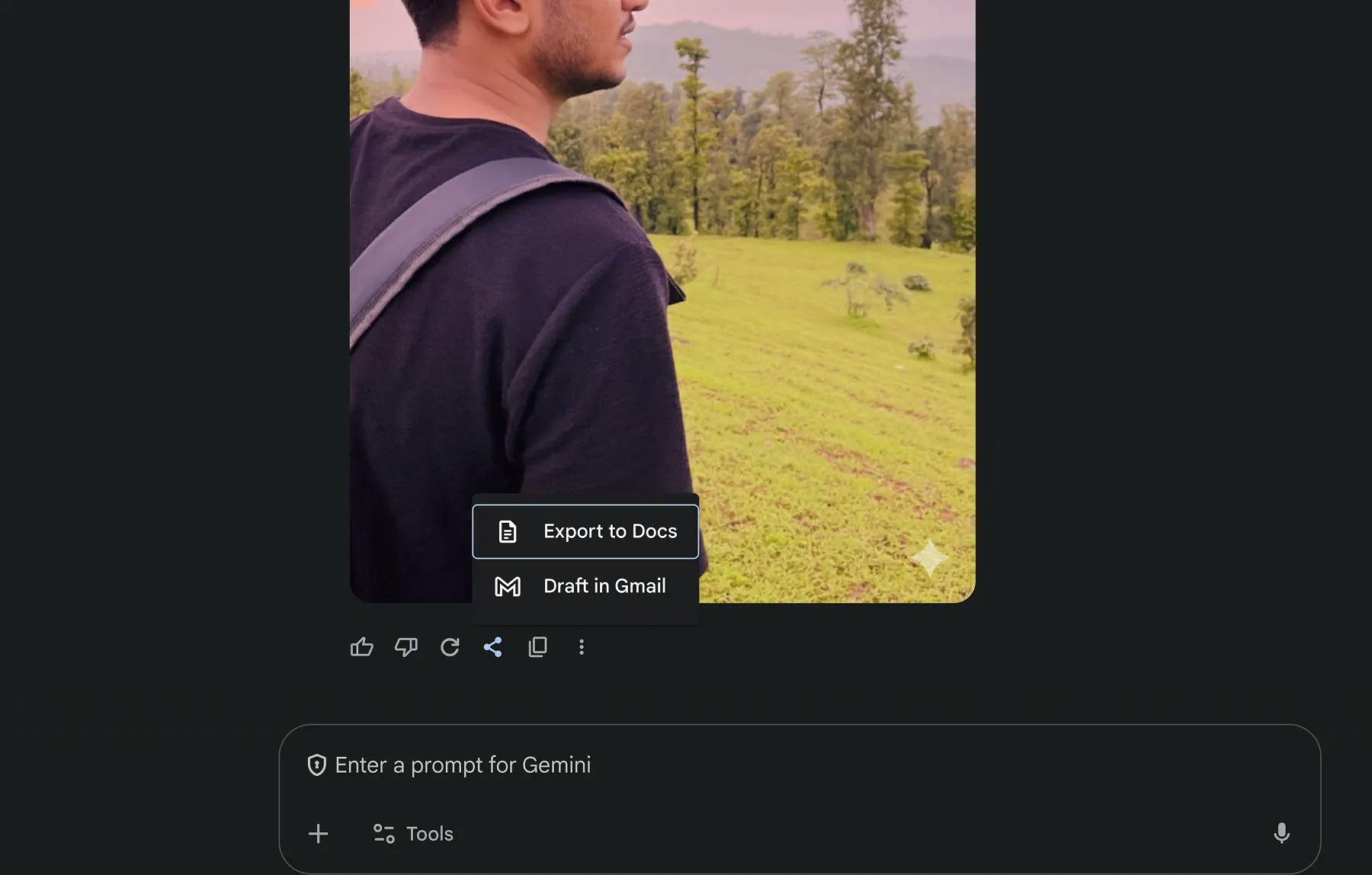 A screenshot of Nano Banana's image output in Gemini 2.5 Pro, showing the export options to either Docs or Gmail below the AI-edited image.