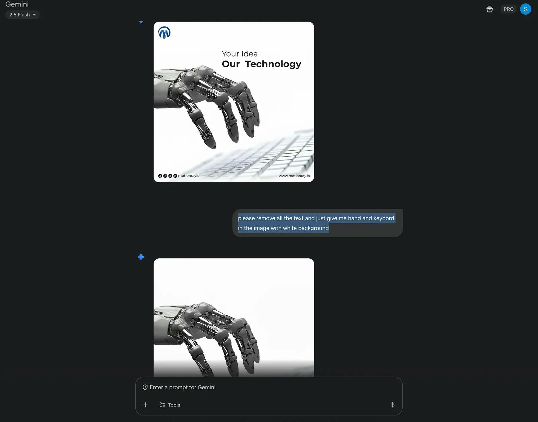 A screenshot of Nano Banana's Gemini 2.5 Flash showing an AI-edited image where all text and branding were removed from an original image of a robot hand on a keyboard, placing it on a clean white background.