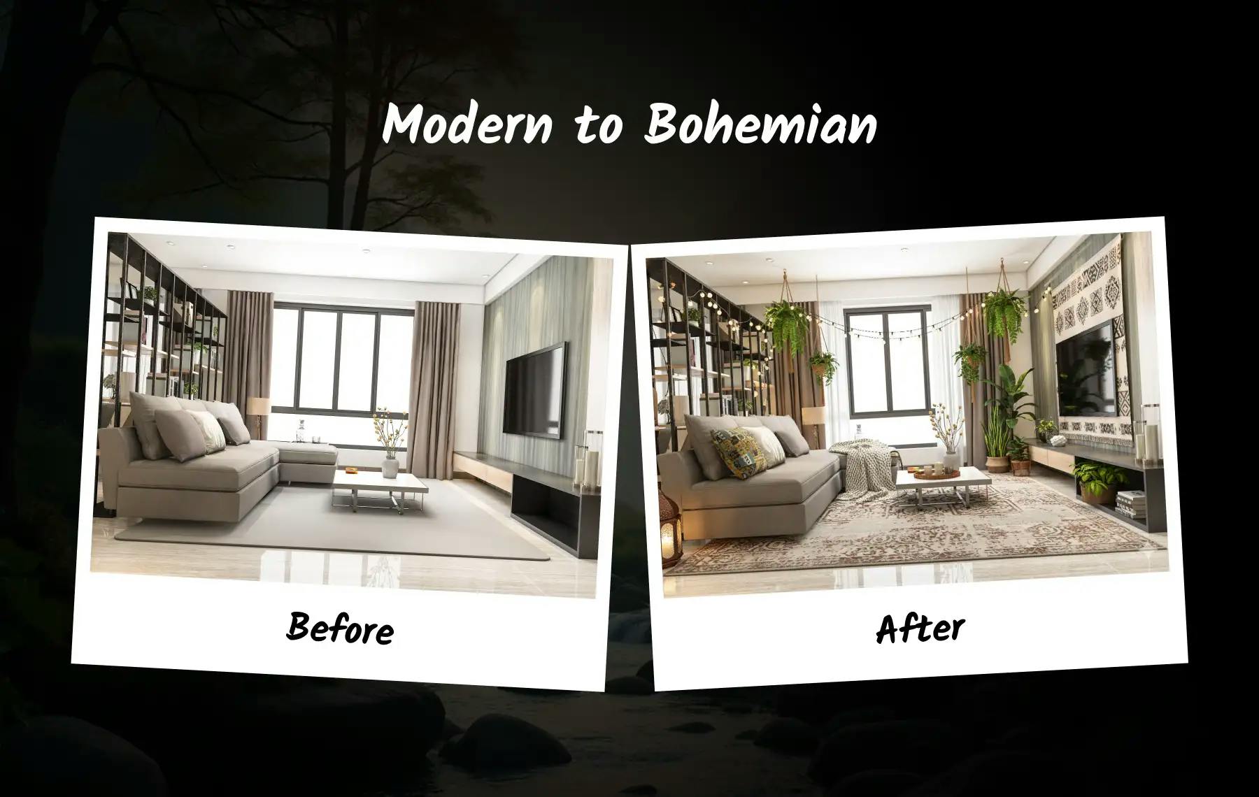Nano Banana AI interior tool transforms a modern living room into a cozy Bohemian space with warm lighting, hanging plants, and artistic decor.