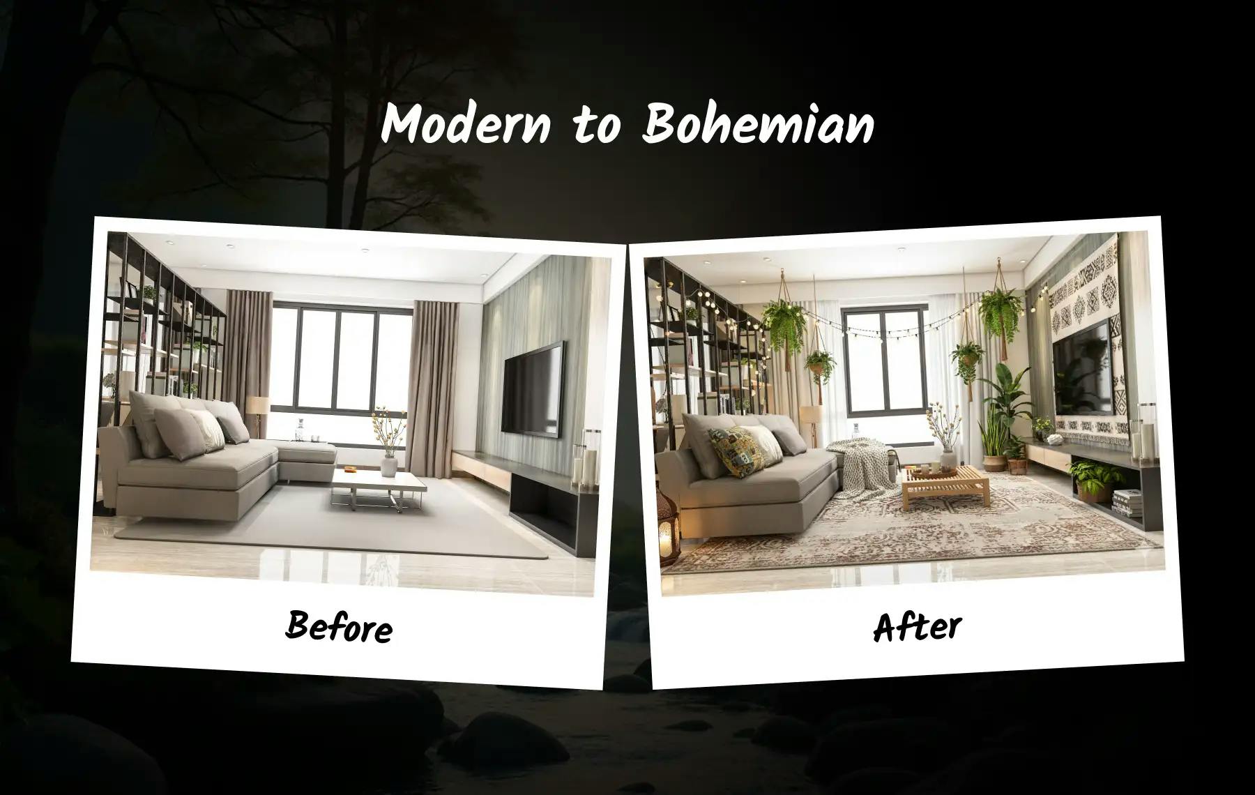Nano Banana AI interior tool transforms a modern living room into a cozy Bohemian style by adding a bamboo coffee table and replacing curtains with white linen drapes.