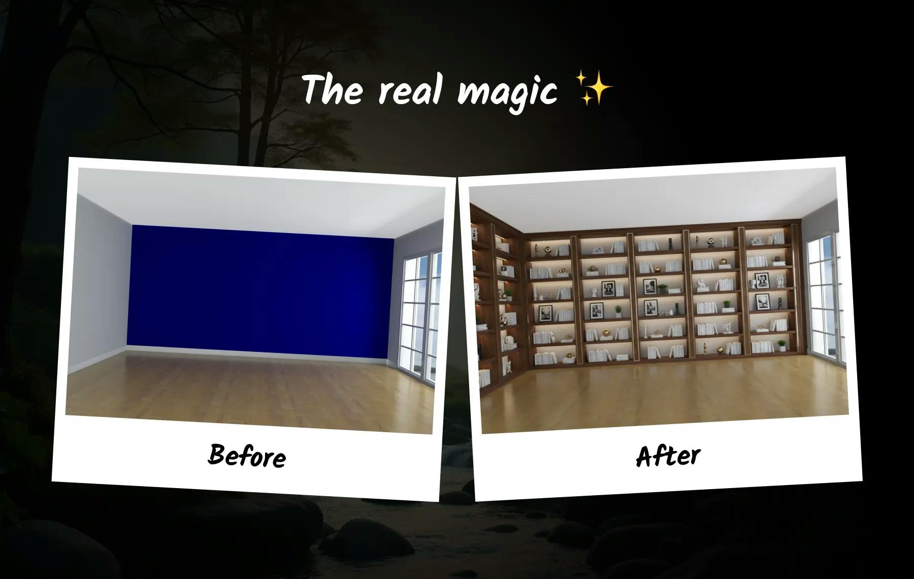 Nano Banana AI interior tool transforms a plain blue wall into a warm walnut bookshelf setup with brass brackets, LED lighting, and sculptural decor for a modern elegant look.