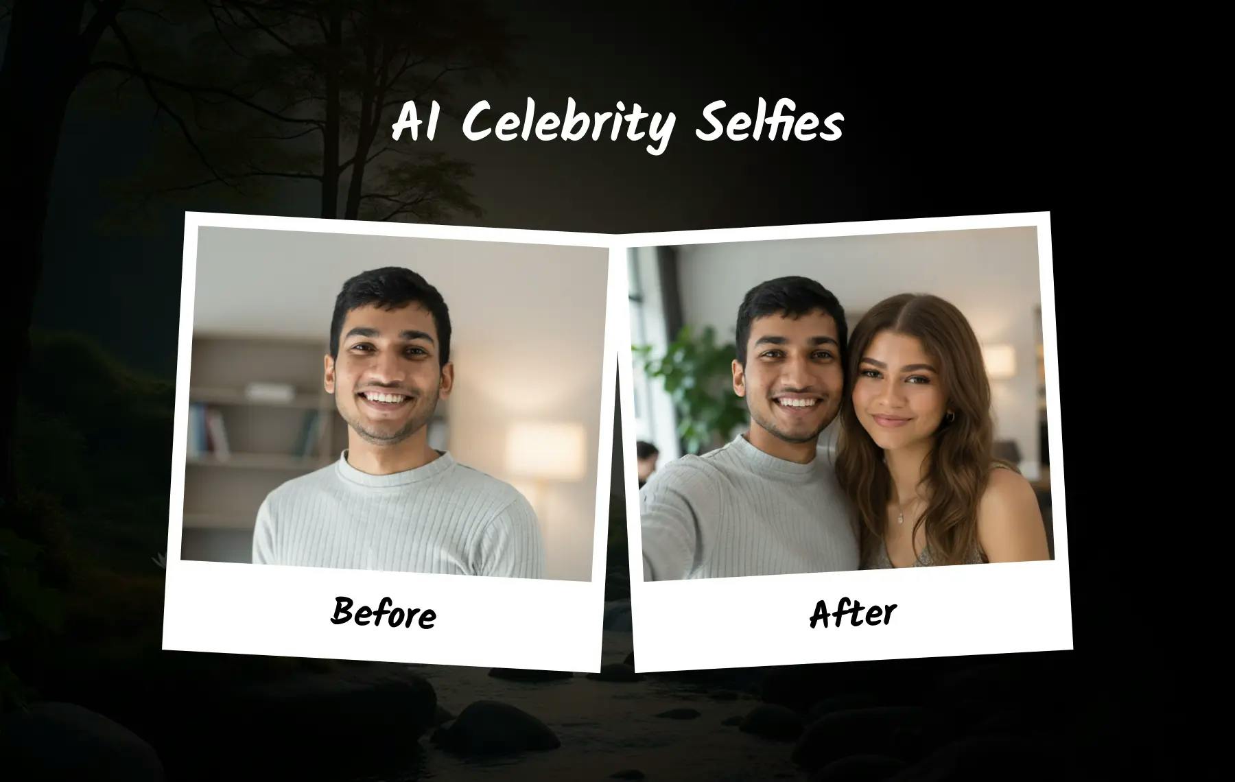 Nano Banana AI selfie tool creates a realistic photo of a user standing next to Zendaya, adjusting perspective and lighting for a natural handheld celebrity selfie look.