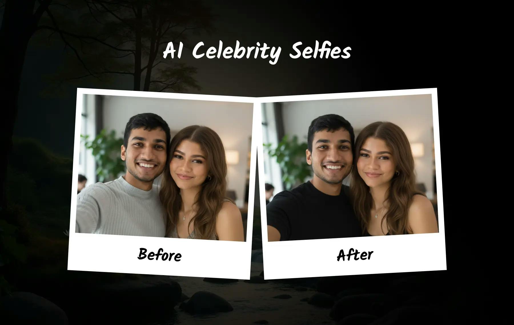 Nano Banana AI selfie generator enhances realism by matching outfit colors and daylight tones, creating a natural celebrity-style photo with coordinated casual black clothing and balanced lighting.