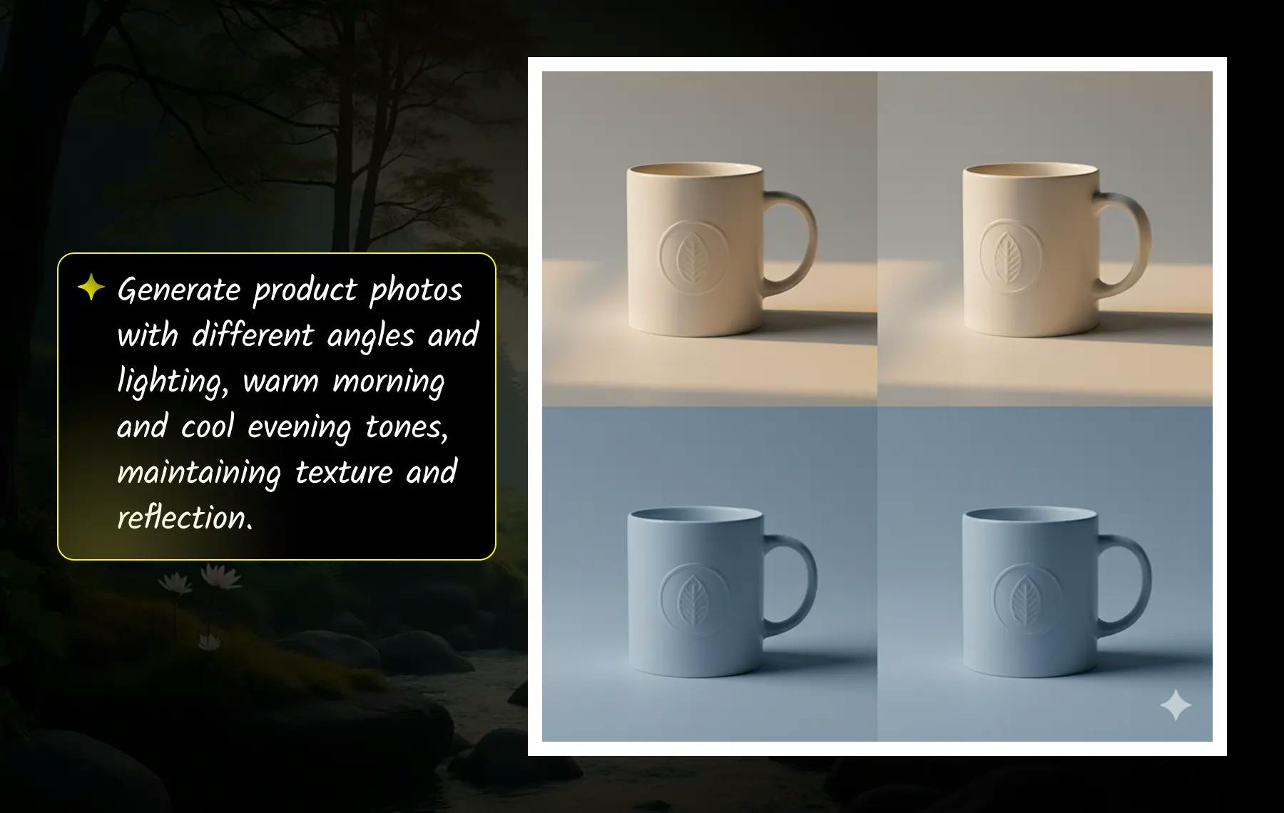 Nano Banana AI product photography showcases a white ceramic mug under warm morning and cool evening lighting, preserving realistic reflections, shadows, and texture for professional e-commerce visuals.