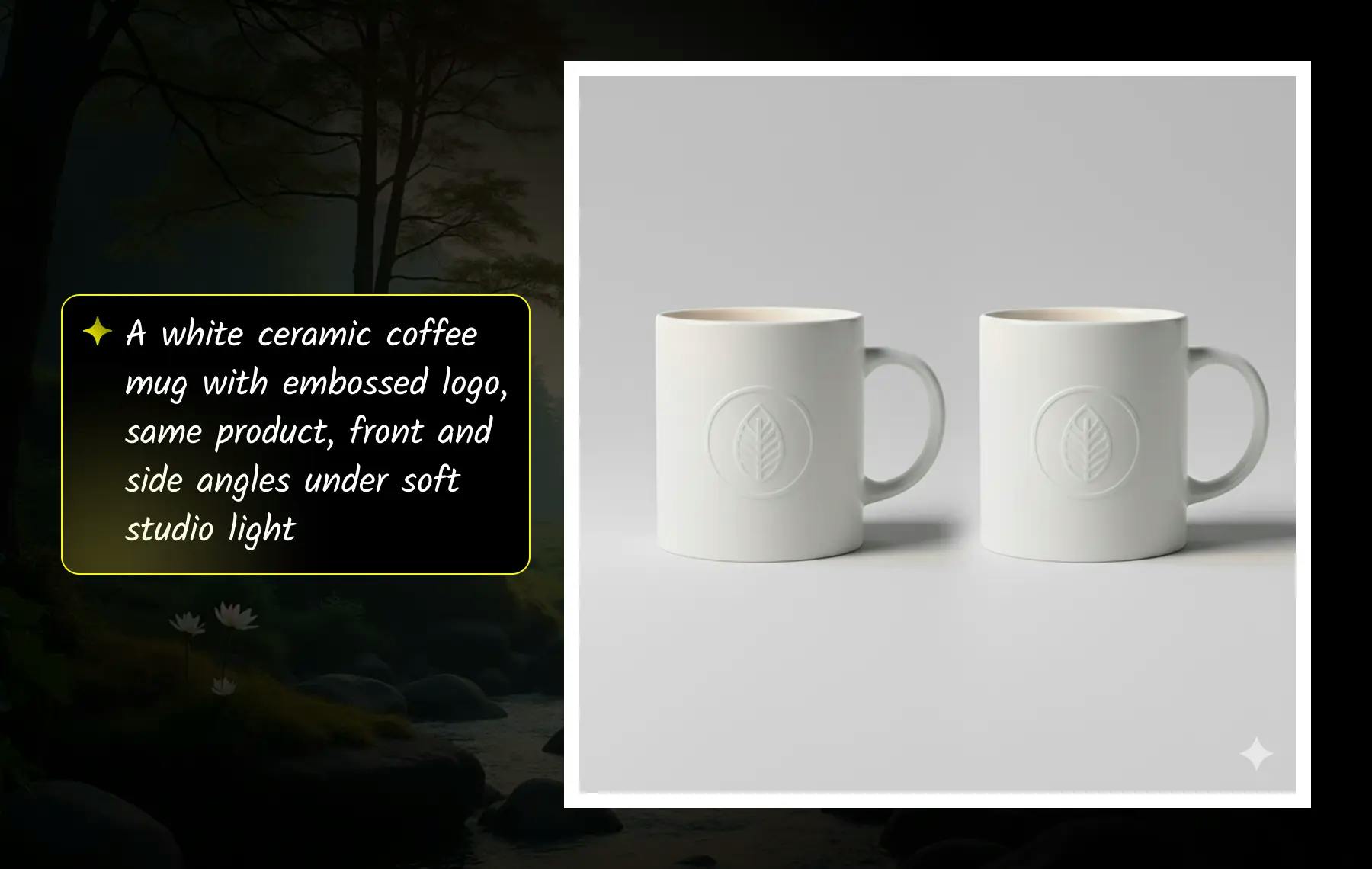 Nano Banana AI product photography tool generates a white ceramic coffee mug with an embossed logo, captured from front and side angles under soft studio lighting for realistic e-commerce visuals.