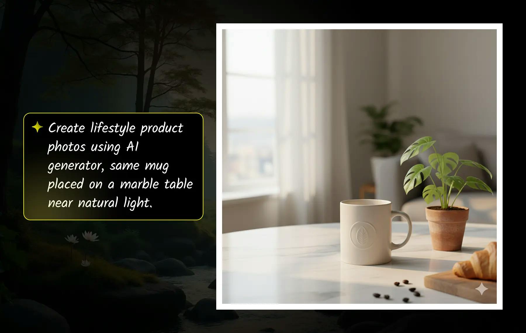 Nano Banana AI lifestyle product photography showing a white ceramic mug with embossed logo on a marble table beside a plant and croissant, lit by natural window light.