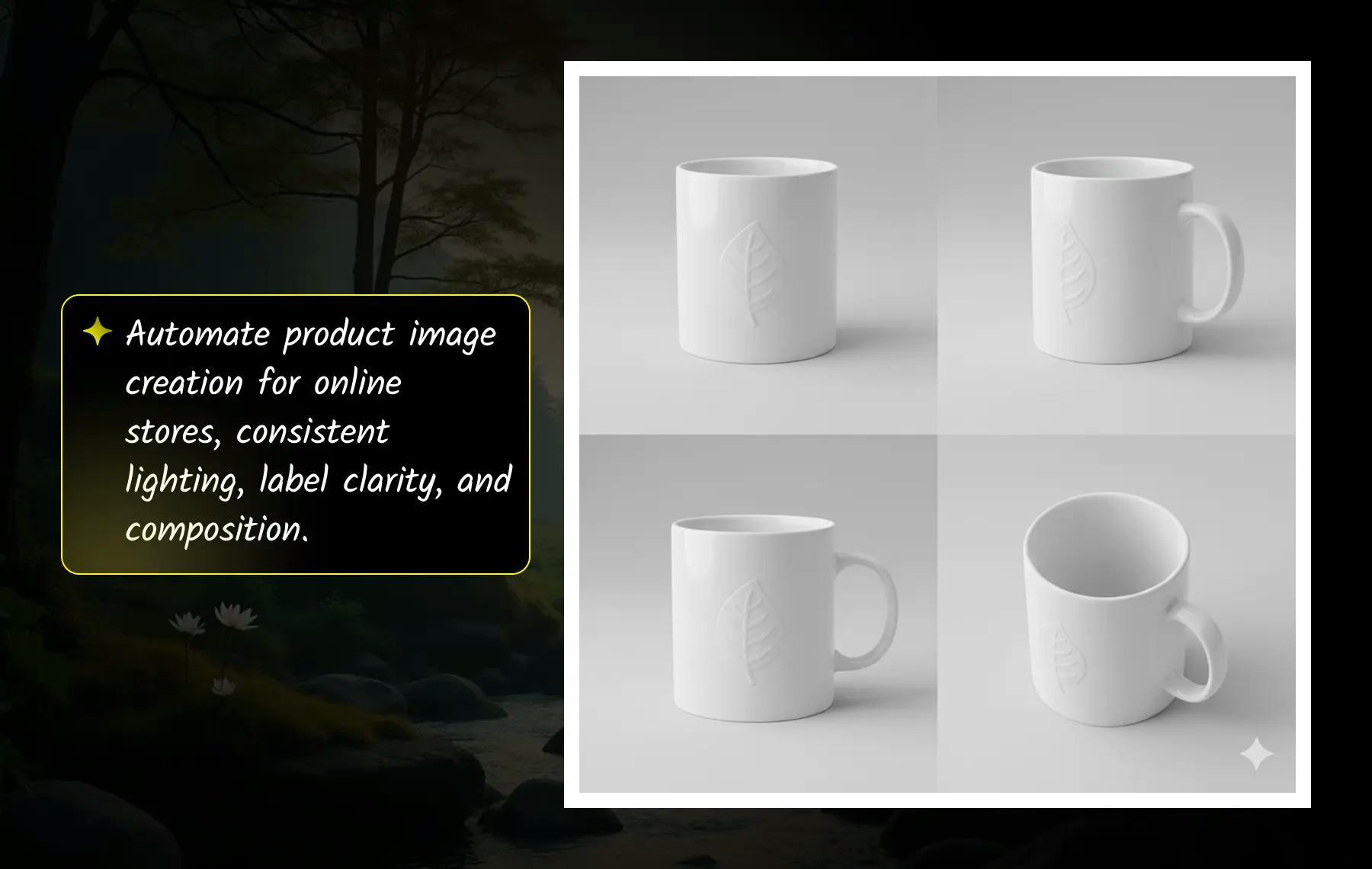 Nano Banana AI tool automates product image creation for e-commerce, generating consistent lighting, clear labels, and perfect composition across multiple mug angles for professional online store visuals.