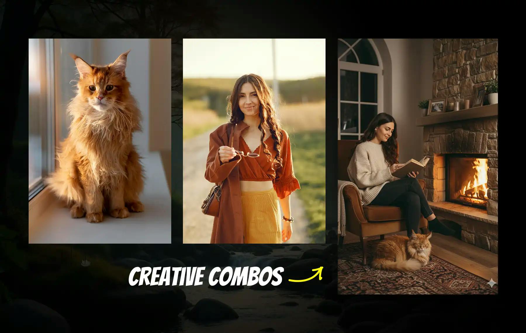 Nano Banana AI generates creative pet-and-human photo combinations, blending a woman and cat in warm indoor and outdoor lighting scenes with natural tones, consistent realism, and artistic balance.