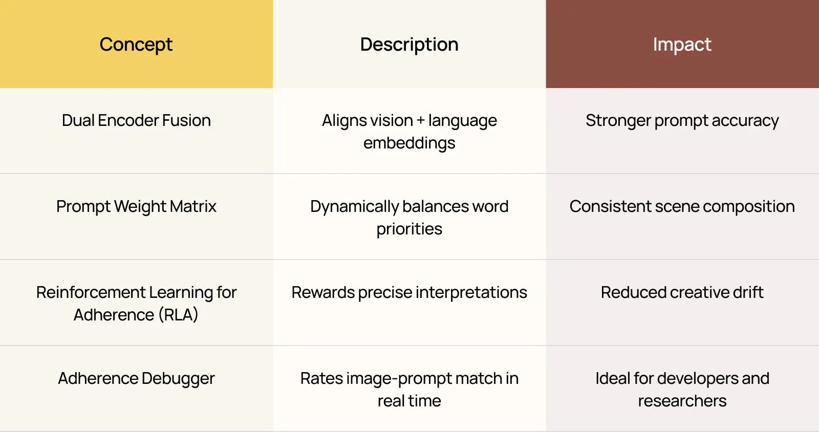 A clean comparison table showing AI prompt adherence concepts, descriptions, and impacts, created for Nano Banana to explain how models improve accuracy, composition, and interpretation.