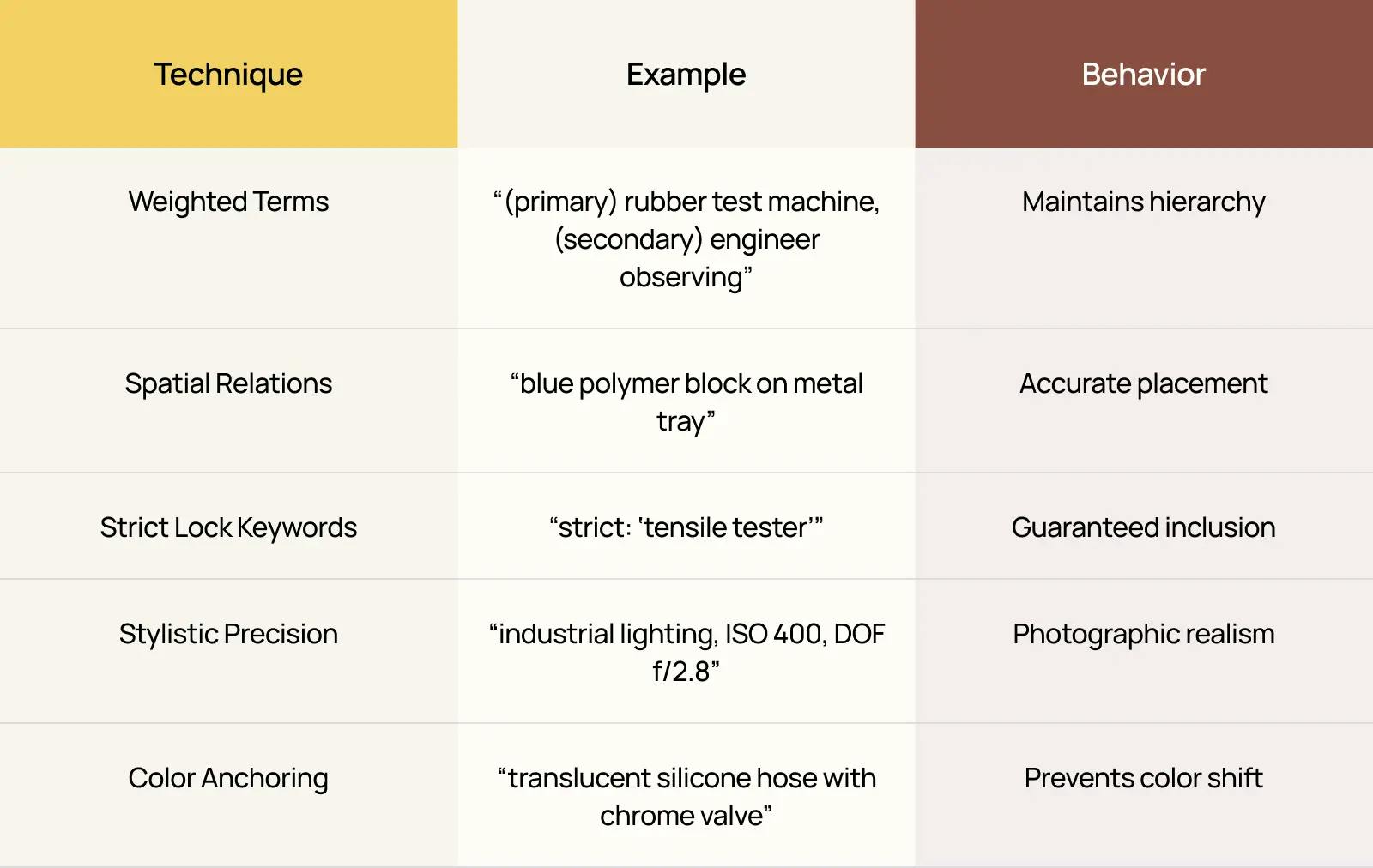 A clear table showing AI prompt techniques, examples, and behaviors, created for Nano Banana to explain how weighted terms, spatial relations, and stylistic details improve image generation accuracy.