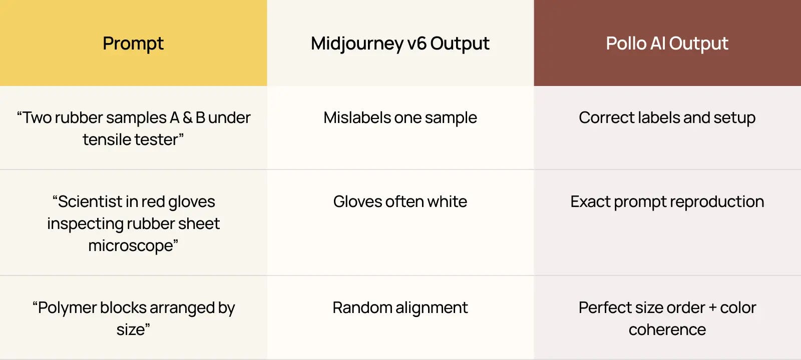 A table for Nano Banana comparing prompt accuracy between Midjourney v6 and Pollo AI, showing issues like mislabels and color errors versus correct labels, exact reproduction, and coherent alignment.