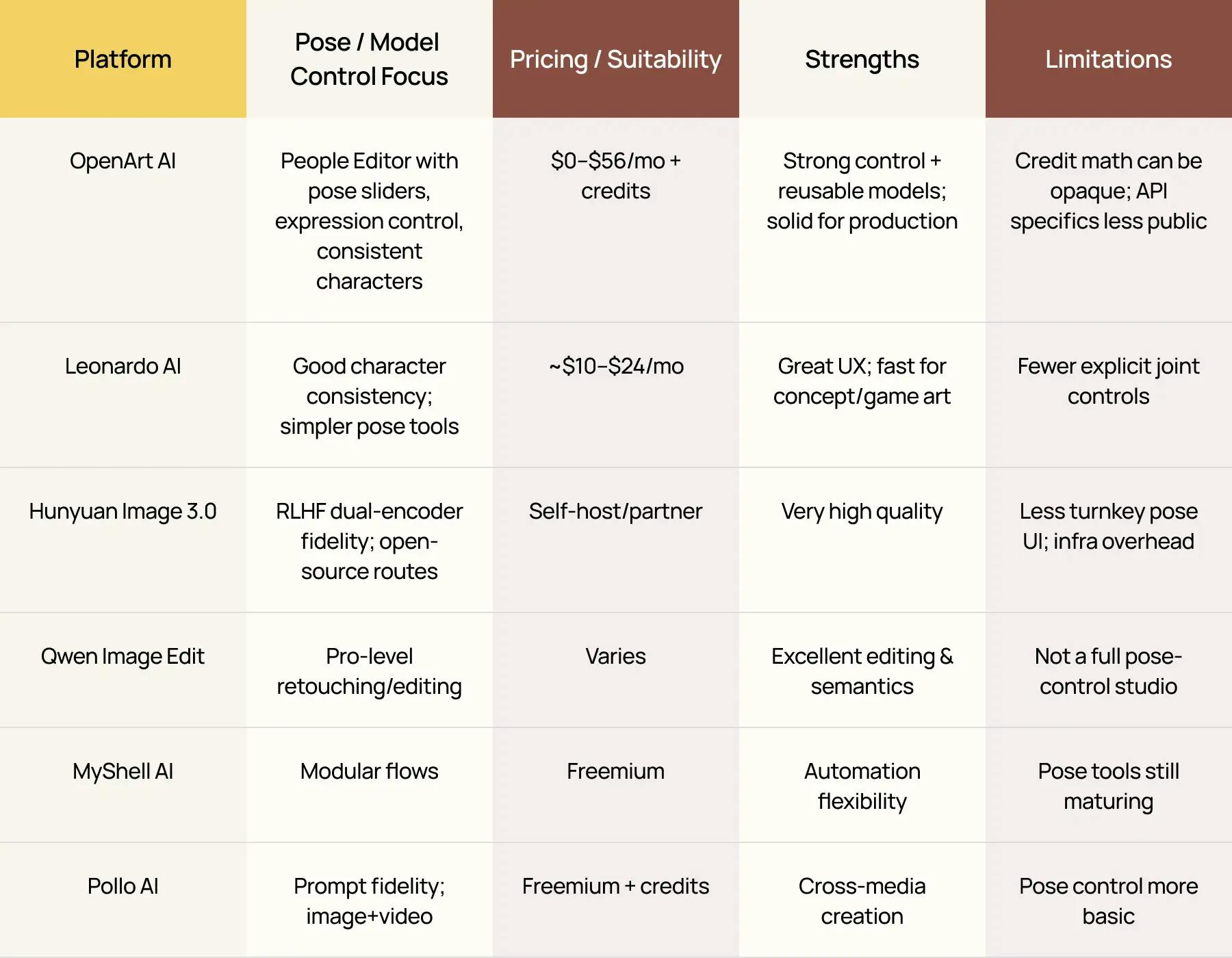 A comparison table by Nano Banana showing pose control platforms like OpenArt AI, Leonardo AI, Hunyuan Image 3.0, Qwen, MyShell AI, and Pollo AI with pricing, strengths, and limitations.
