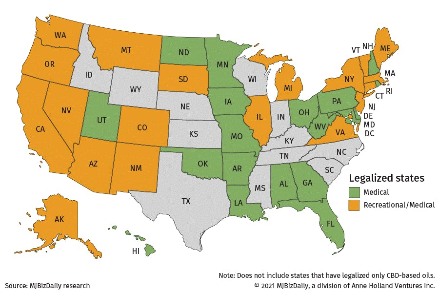 Map showing the legal status of marijuana in the US.