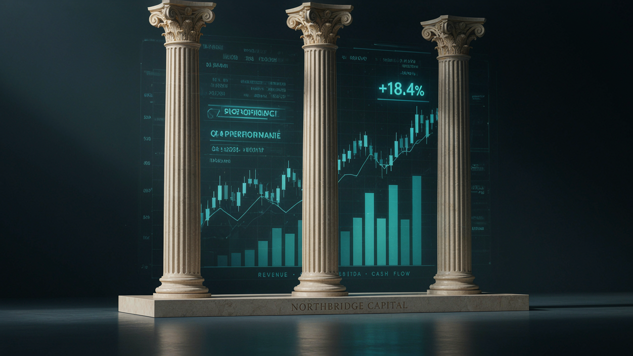 Three stone columns in front of financial data
