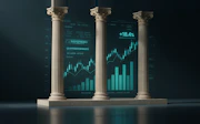 Three stone columns in front of financial data