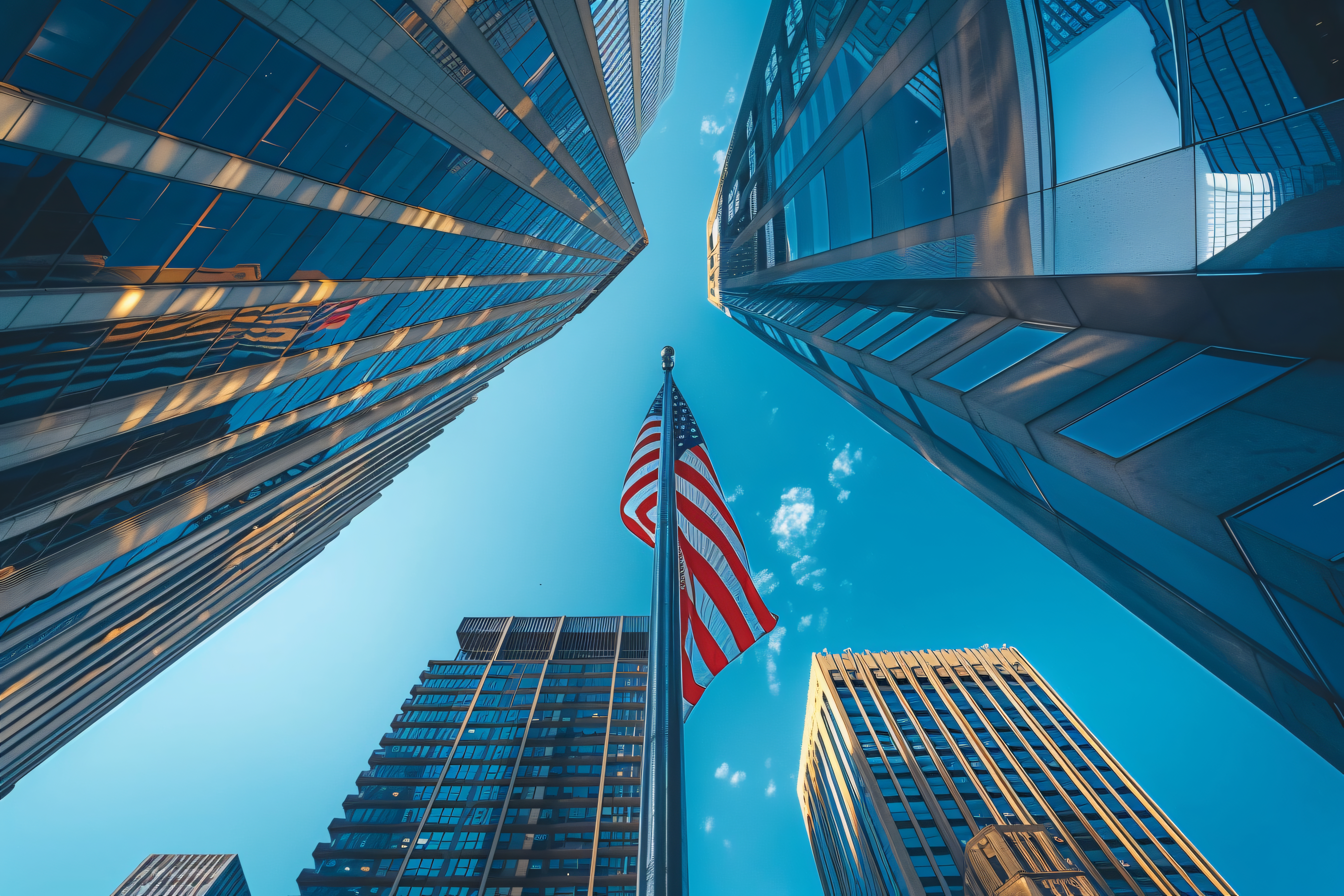 American Flag between skyscrapers