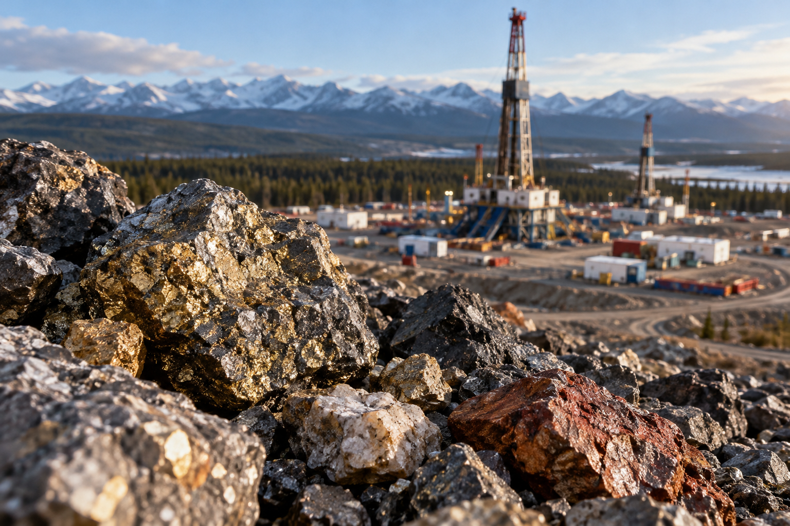Gold-Flecked Ore Beneath Mountain Rigs