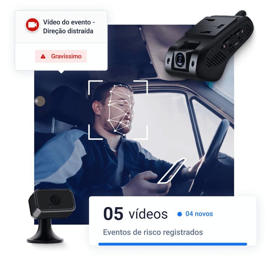 Um motorista olhando para o celular enquanto dirige e a câmera de video telemetria da Cobli detectando evento de direção distraída. Alẽm disso, um texto ilustrativo na imagem escrito: "05 vídeos, 04 novos, eventos de risco registrados".