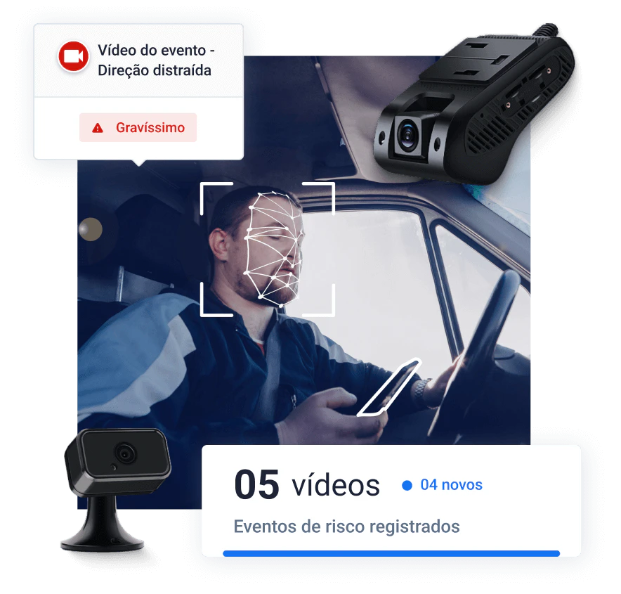 Um motorista olhando para o celular enquanto dirige e a câmera de video telemetria da Cobli detectando evento de direção distraída. Alẽm disso, um texto ilustrativo na imagem escrito: "05 vídeos, 04 novos, eventos de risco registrados".