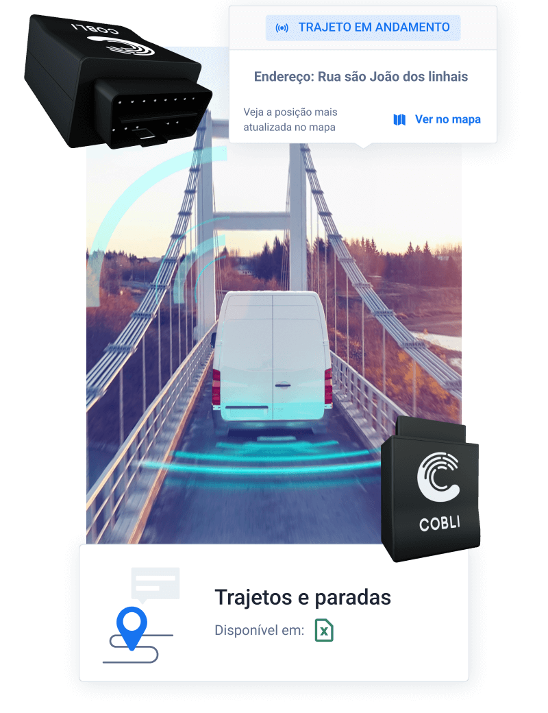 Uma veículo branco dirigindo sob uma ponte, com ondas de sinal verdes (meramente ilustrativas) saindo dele. Nos cantos da foto temos dois dispositivos OBD da Cobli, dispostos em dois ângulos diferentes e dois textos ilustrativos: O primeiro escrito "trajeto em andamento, endereço: Rua sâo João dos linhais", veja a posição mais atualizada no mapa, ver no mapa" e o outro "Trajetos e paradas, disponível em Excel".