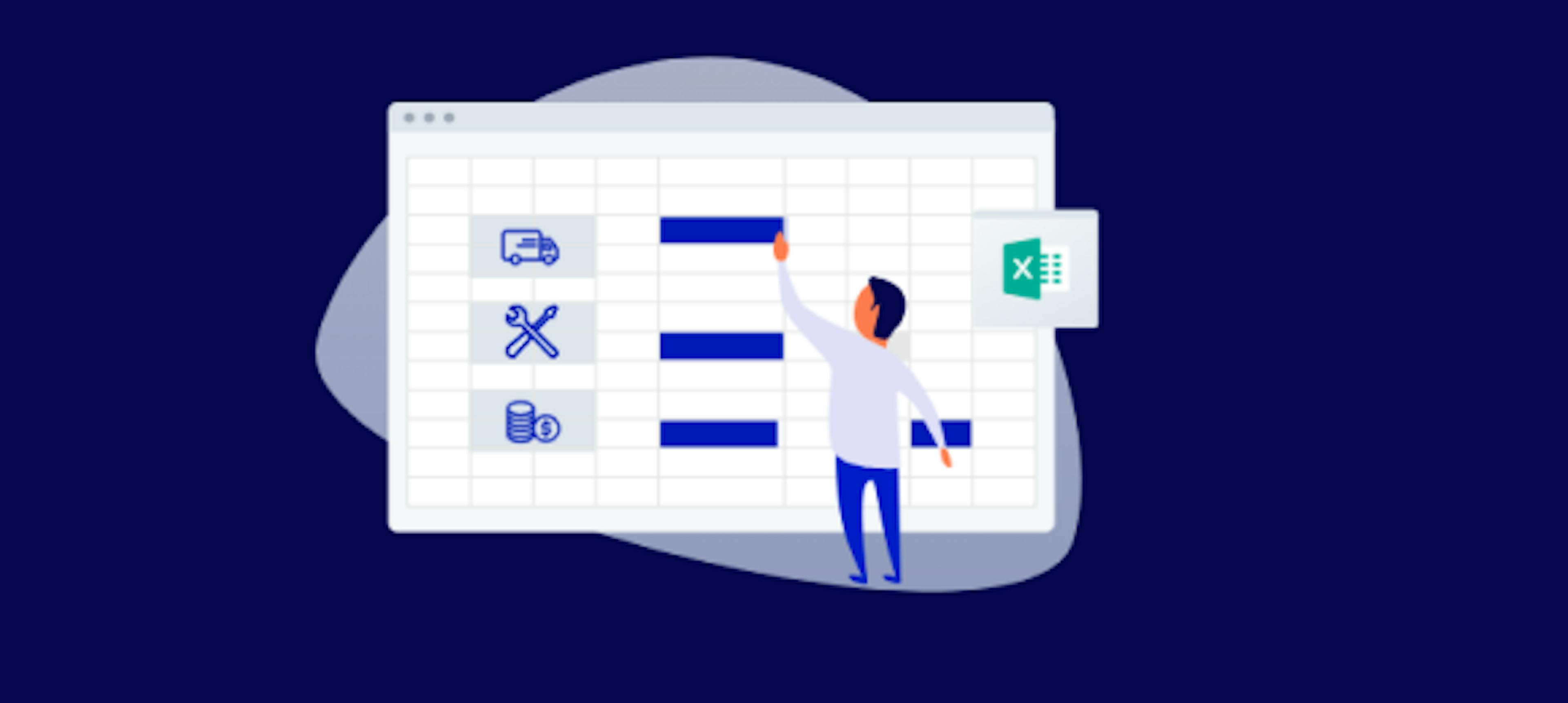 Homem a frente de um painel em formato de planilha de excel analisando indicadores de gestão de frotas.