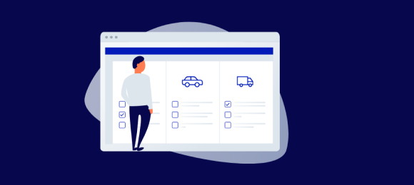 Desenho estilizado de um homem a frente de um painel analisando as condições dos veículos da frota.