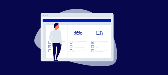 Desenho estilizado de um homem a frente de um painel analisando as condições dos veículos da frota.