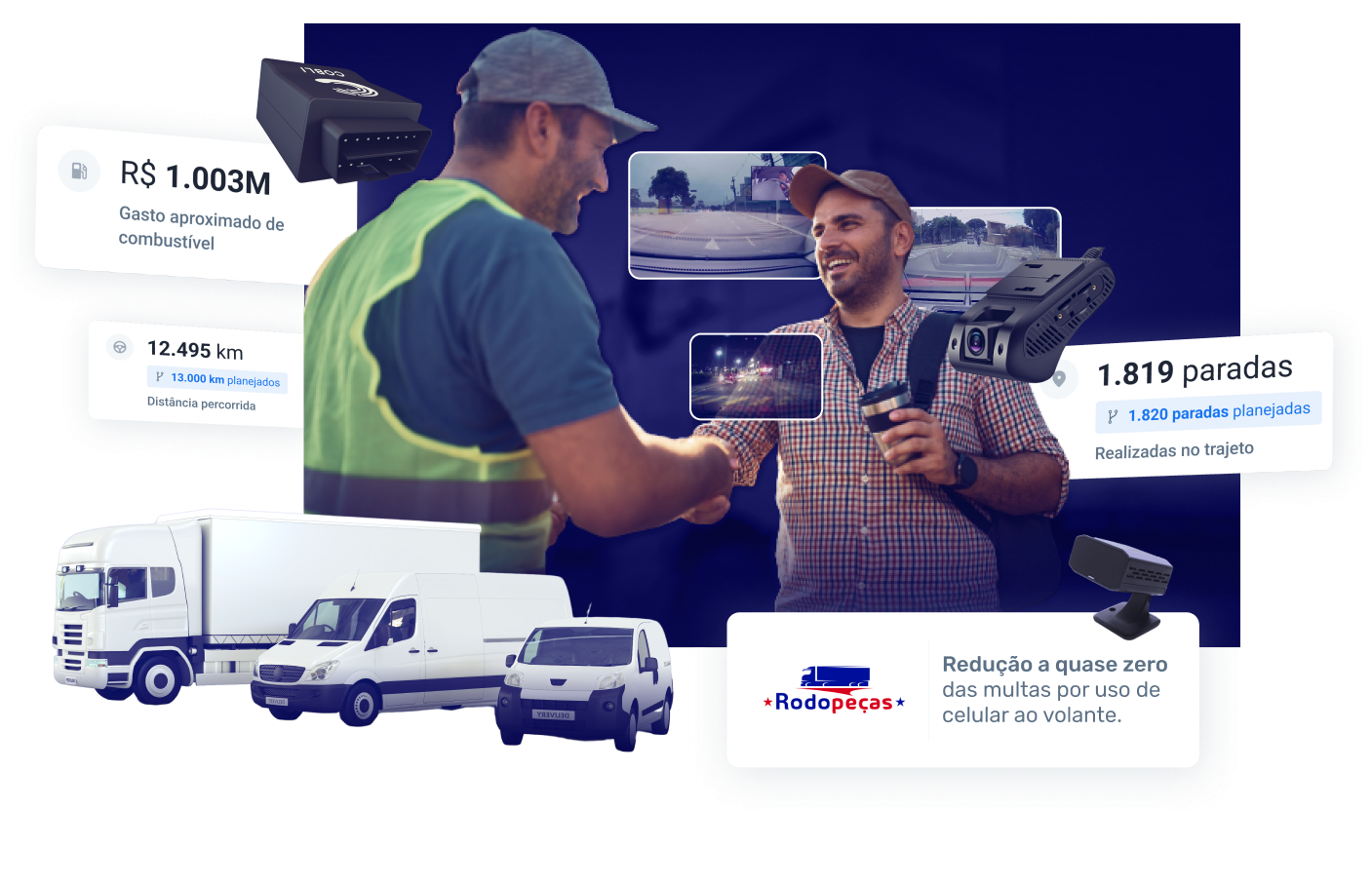  Gestores de frota apertando as mãos e, ao redor, retângulos com indicadores de sucesso de gestão de frotas