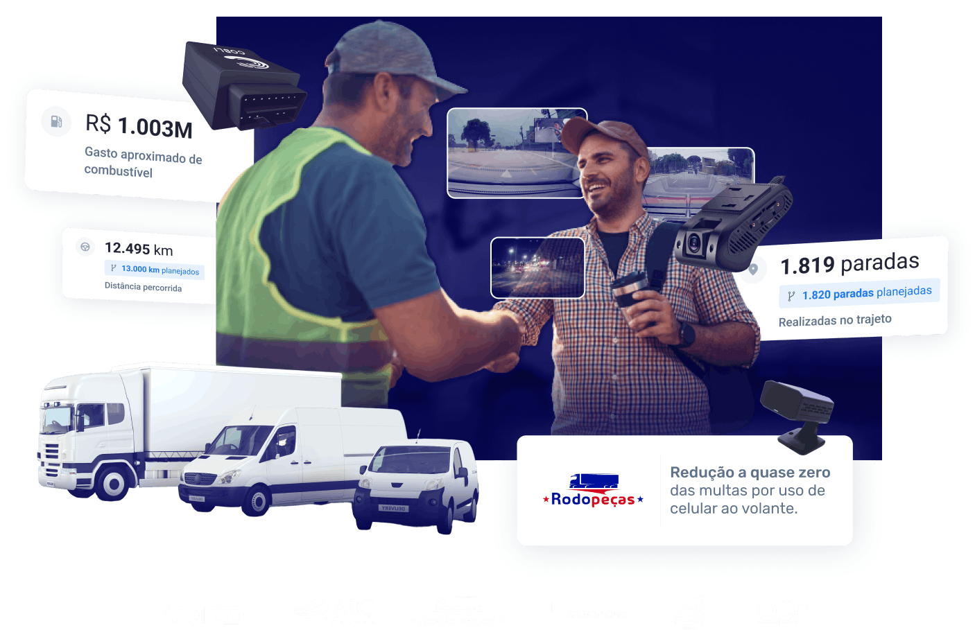 Gestores de frota apertando as mãos e, ao redor, retângulos com indicadores de sucesso de gestão de frotas