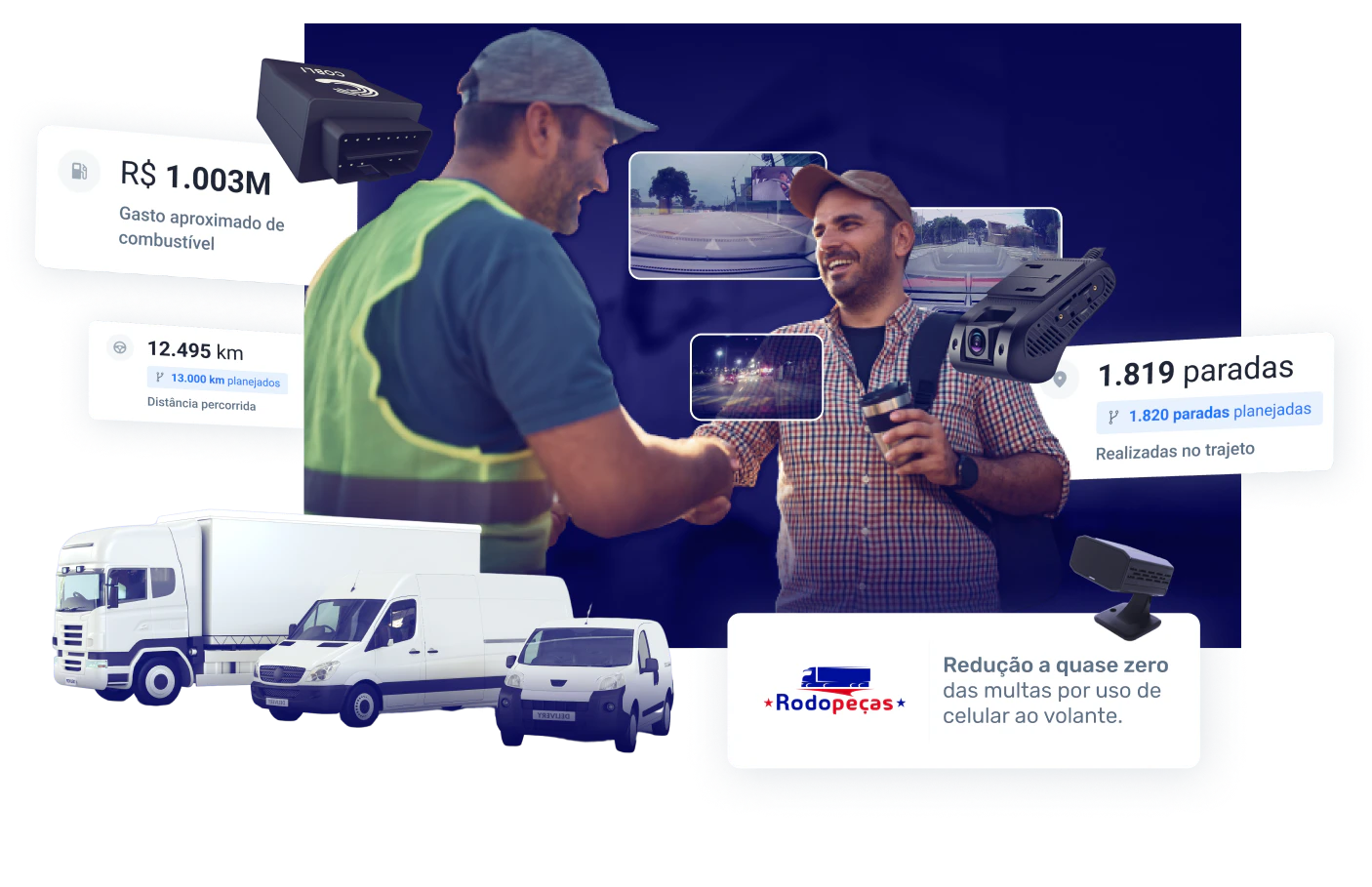 Gestores de frota apertando as mãos e, ao redor, retângulos com indicadores de sucesso de gestão de frotas